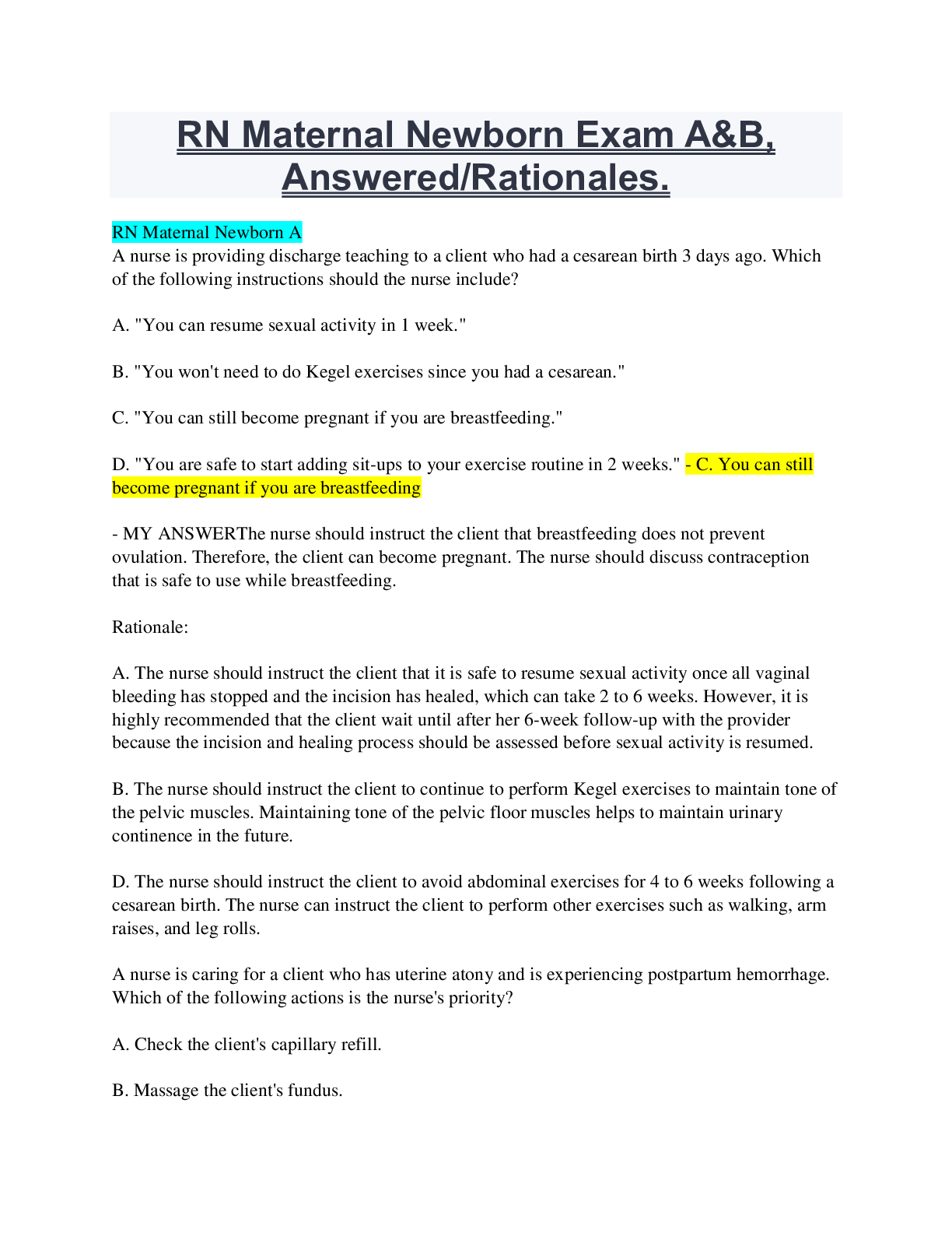 Preview image for RN Maternal Newborn Exam A&B, Answered/Rationales.